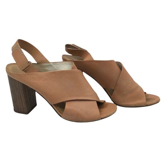 Vince Crisscross Strap Leather and Wood Heeled Sandals 9 Neutral Peep Toe Chunk - Picture 1 of 9